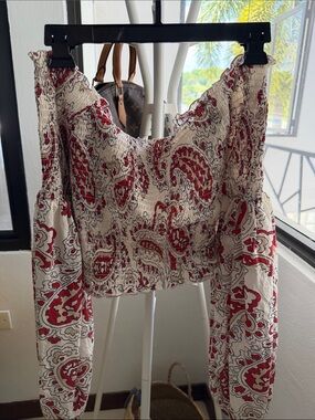 H&M Cream and Red Paisley Smocked Off-Shoulder Top